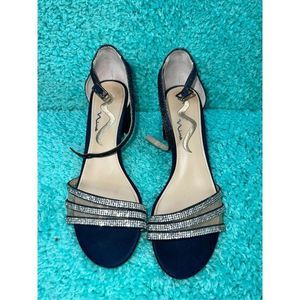 Nina Shoe Size 8 women’s Navy Blue Rhinestone Strappy Open Toe Ankle Strap Pumps